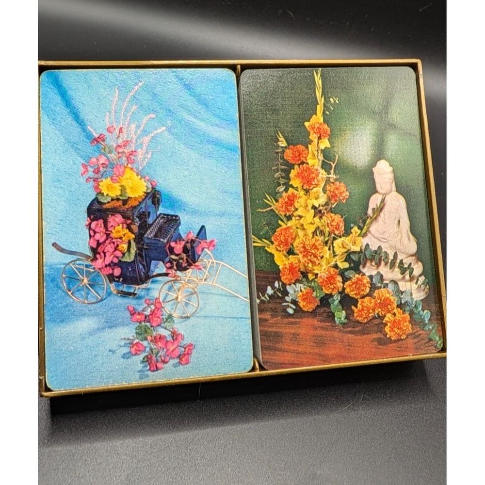 Vintage Olympia Plastic Coated Floral Playing Cards Boxed Double Deck Bridge USA